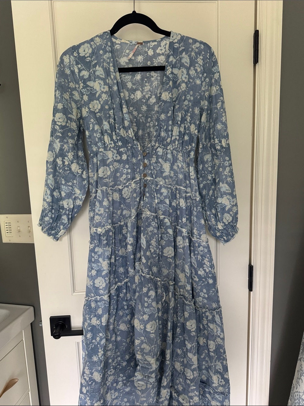 Free People Pappiet Dress Floral Tiered Midi Dress in Light Blue S